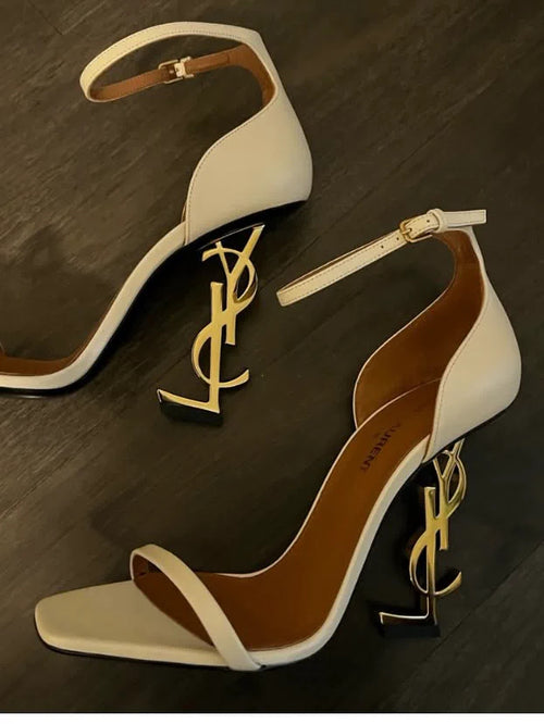Luxury Ankle Strap High Heels with Sculptural Gold Heel