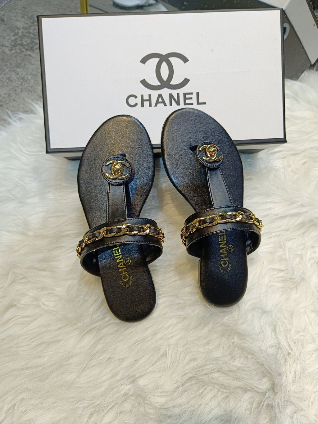 Luxury Black Leather & Gold Chain Flat Sandals