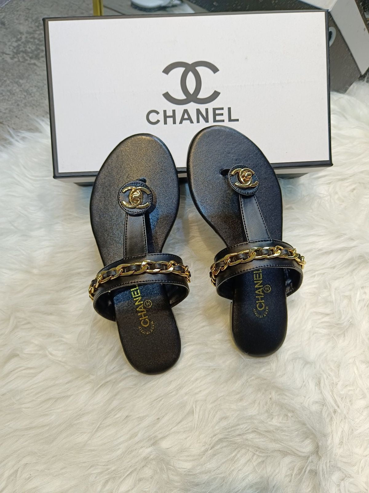 Luxury Black Leather & Gold Chain Flat Sandals