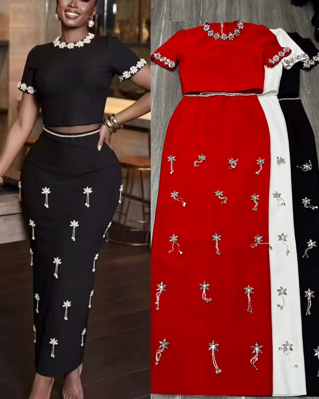 Women’s Rhinestone Crop Top & Maxi Skirt Set