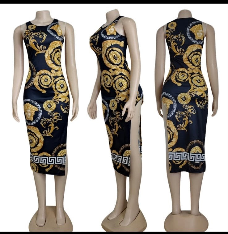 Chic Baroque Pattern Fitted Party Dress