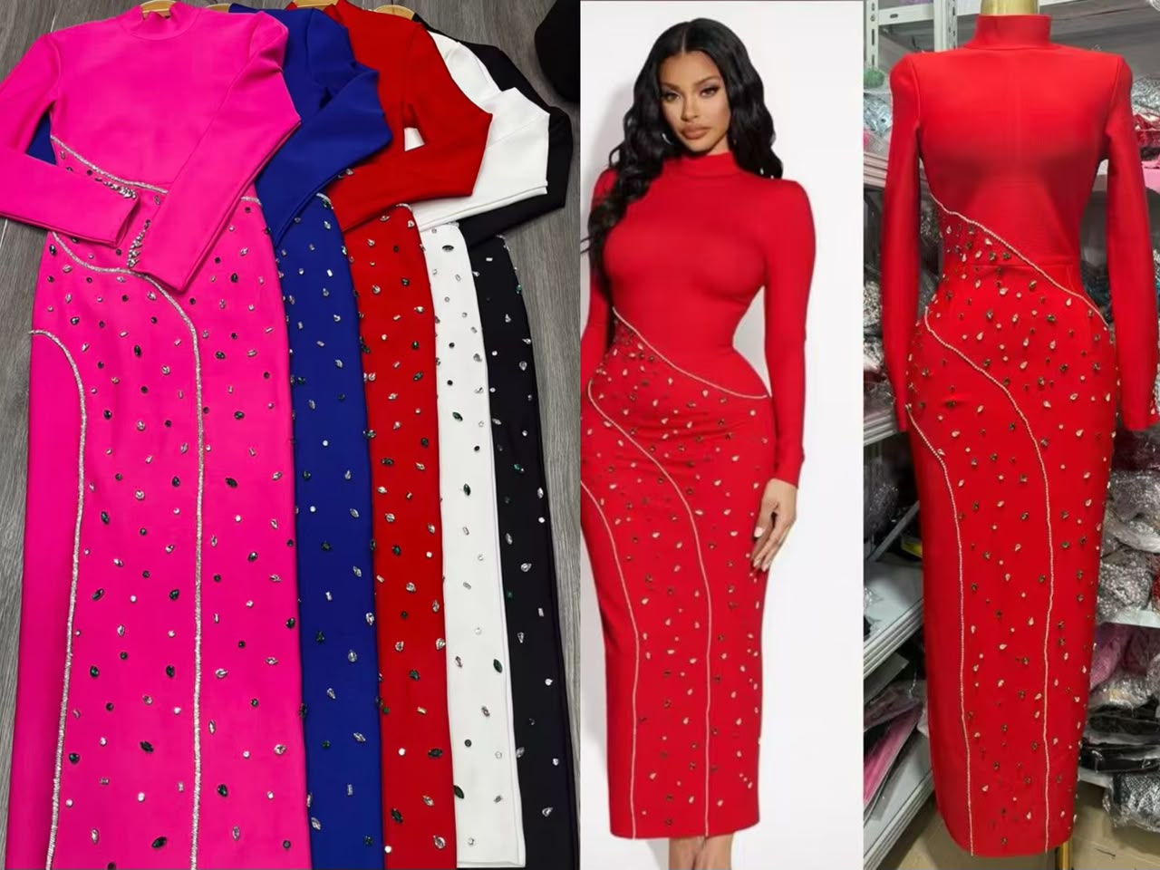 Women’s Rhinestone Long Sleeve Midi Dress