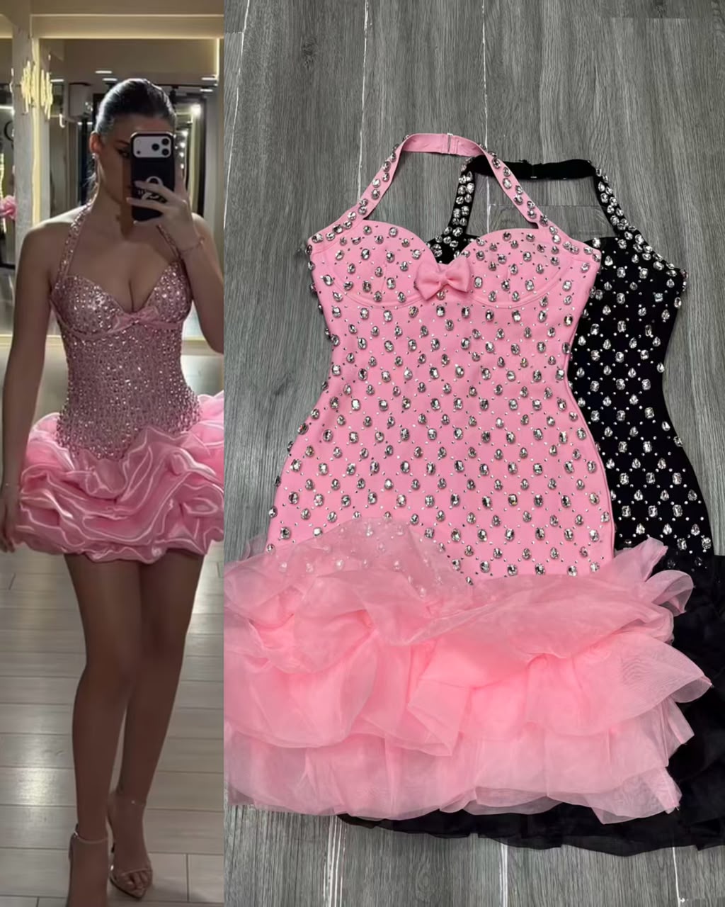 Women’s Rhinestone Ruffle Mini Dress