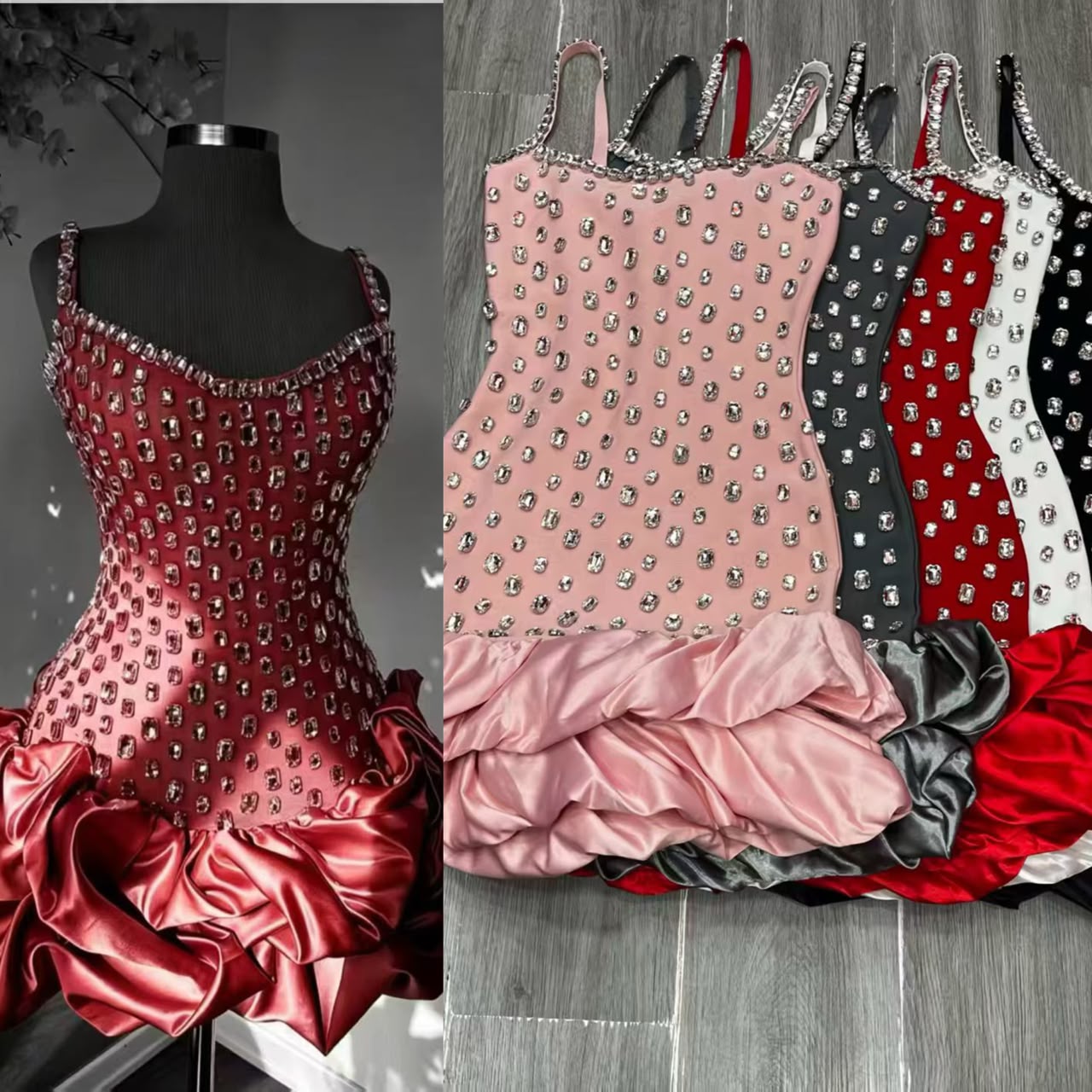 Women’s Rhinestone Satin Ruffle Mini Dress