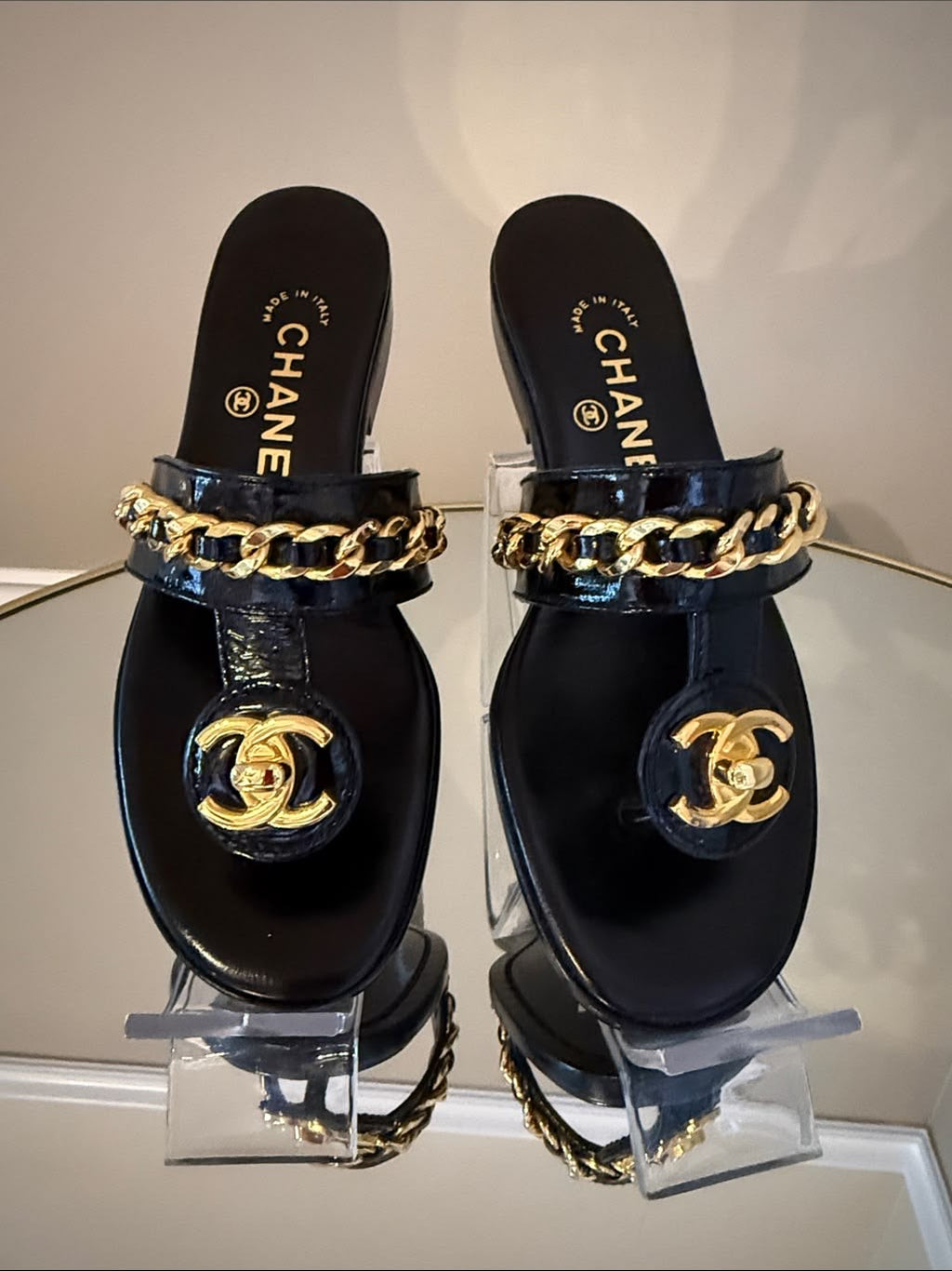 Luxury Black Leather & Gold Chain Flat Sandals