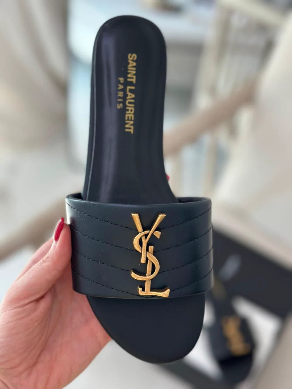 Quilted Monogram Flat Slide Sandals - Black & Gold