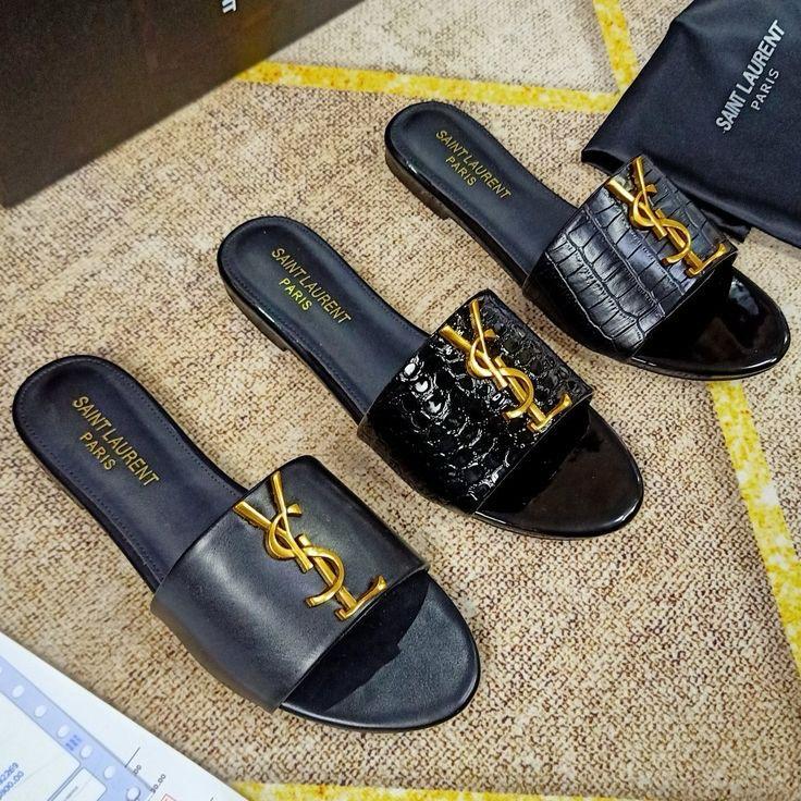 Quilted Monogram Flat Slide Sandals - Black & Gold